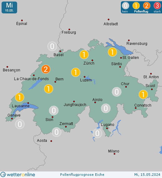 Genf: Pollenflugvorhersage Eiche für Freitag, den 26.04.2024