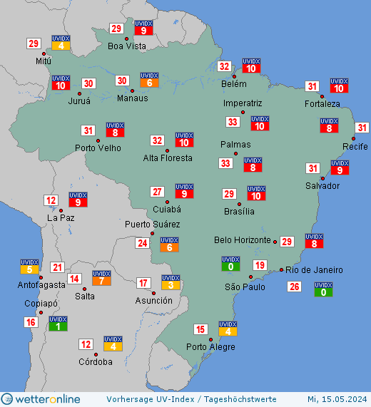 Brasilien: UV-Index-Vorhersage für Freitag, den 26.04.2024