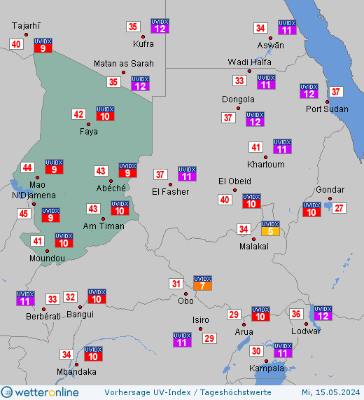 Tschad: UV-Index-Vorhersage für Freitag, den 26.04.2024
