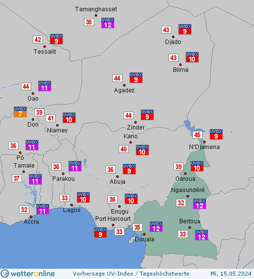 Kamerun: UV-Index-Vorhersage für Freitag, den 26.04.2024