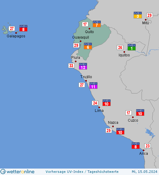 Ecuador: UV-Index-Vorhersage für Freitag, den 26.04.2024