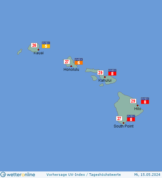 Hawaii-Inseln: UV-Index-Vorhersage für Freitag, den 26.04.2024