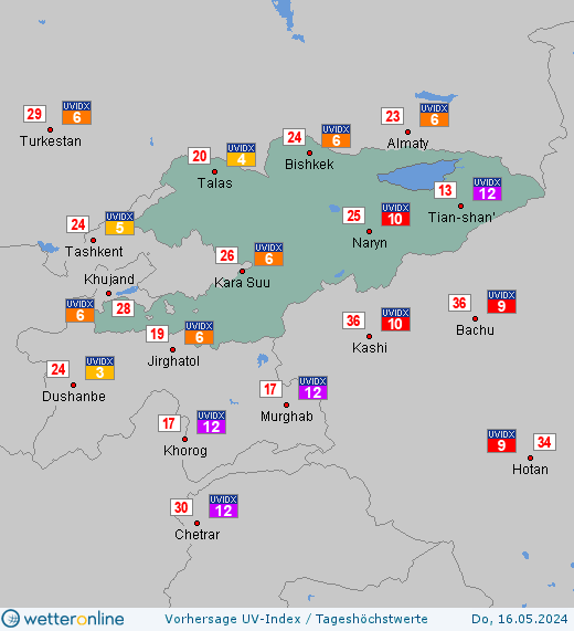 Kirgisistan: UV-Index-Vorhersage für Freitag, den 26.04.2024