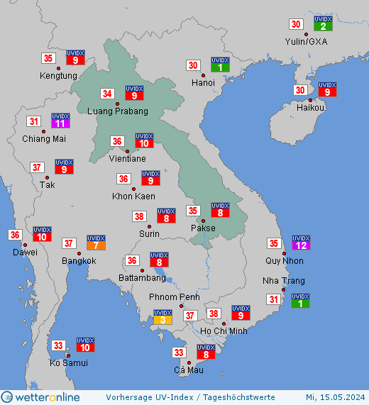 Laos: UV-Index-Vorhersage für Freitag, den 26.04.2024