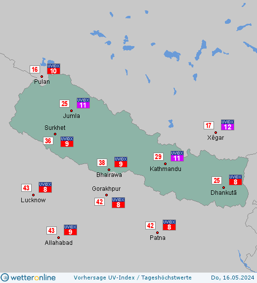 Nepal: UV-Index-Vorhersage für Freitag, den 26.04.2024