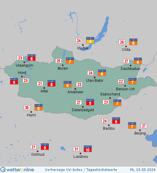 Mongolei: UV-Index-Vorhersage für Freitag, den 26.04.2024