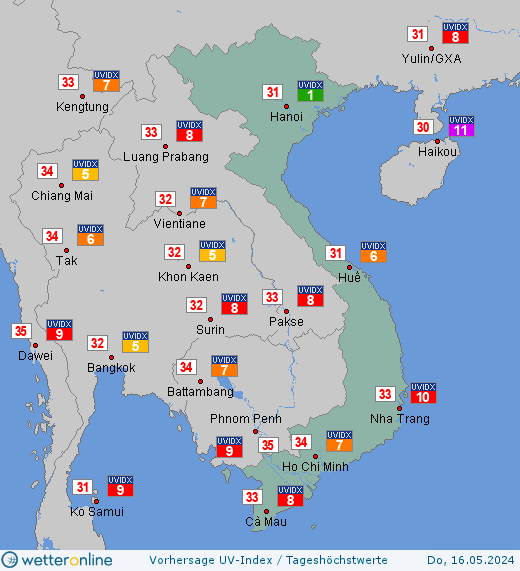 Vietnam: UV-Index-Vorhersage für Freitag, den 26.04.2024