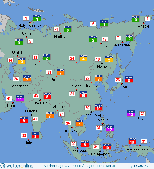 Asien: UV-Index-Vorhersage für Freitag, den 26.04.2024
