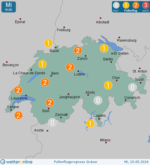 Schweiz: Pollenflugvorhersage Gräser für Freitag, den 26.04.2024