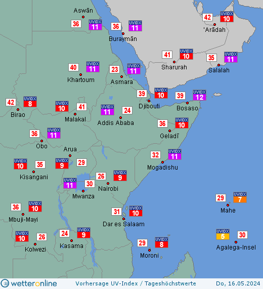 Ostafrika: UV-Index-Vorhersage für Samstag, den 27.04.2024