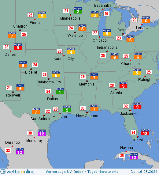 Südstaaten: UV-Index-Vorhersage für Samstag, den 27.04.2024