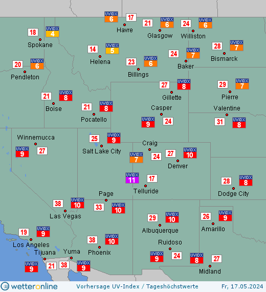 Rocky Mountains: UV-Index-Vorhersage für Samstag, den 27.04.2024