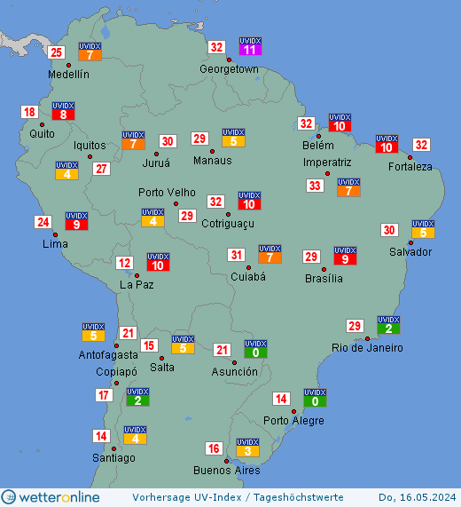 Mittleres Südamerika: UV-Index-Vorhersage für Samstag, den 27.04.2024
