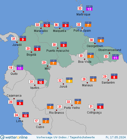 Nördliches Südamerika: UV-Index-Vorhersage für Samstag, den 27.04.2024