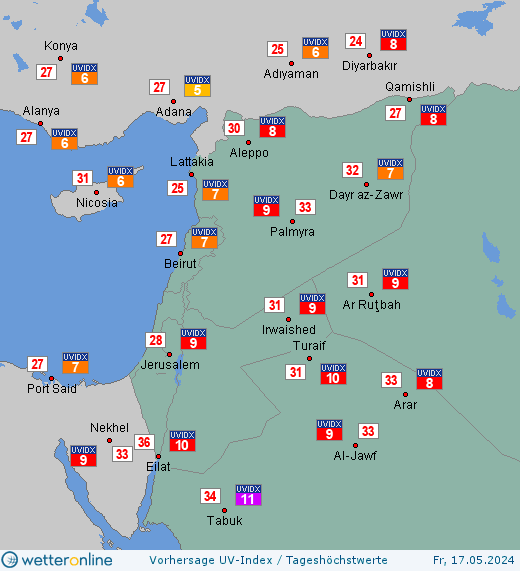 Naher Osten: UV-Index-Vorhersage für Samstag, den 27.04.2024