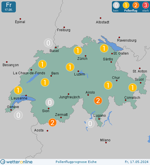 Schweiz: Pollenflugvorhersage Eiche für Samstag, den 27.04.2024
