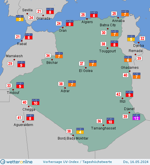 Algerien: UV-Index-Vorhersage für Samstag, den 27.04.2024