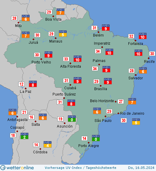 Brasilien: UV-Index-Vorhersage für Samstag, den 27.04.2024