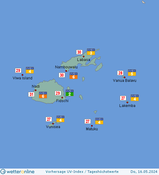 Fidschi-Inseln: UV-Index-Vorhersage für Samstag, den 27.04.2024