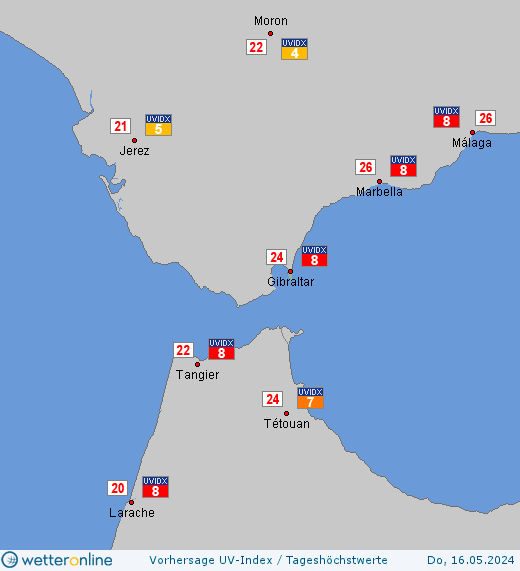 Gibraltar: UV-Index-Vorhersage für Samstag, den 27.04.2024