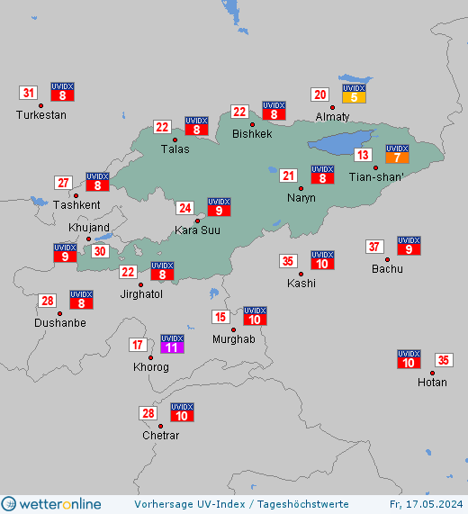 Kirgisistan: UV-Index-Vorhersage für Samstag, den 27.04.2024