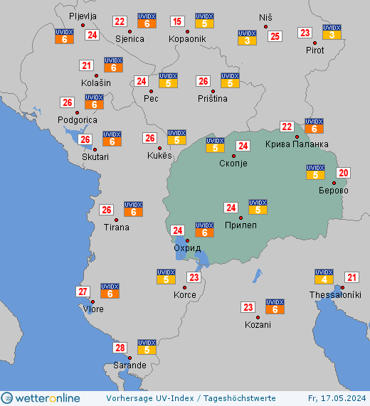 Nordmazedonien: UV-Index-Vorhersage für Samstag, den 27.04.2024