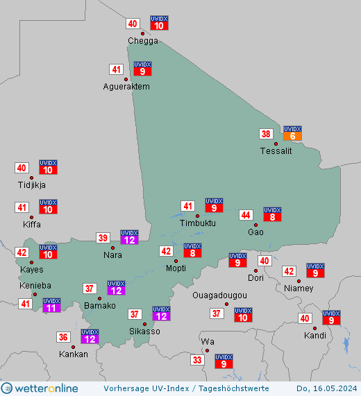 Mali: UV-Index-Vorhersage für Samstag, den 27.04.2024