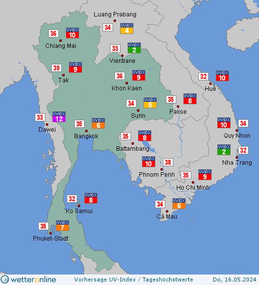 Thailand: UV-Index-Vorhersage für Samstag, den 27.04.2024