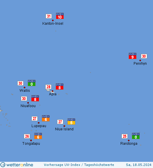 Tonga: UV-Index-Vorhersage für Samstag, den 27.04.2024