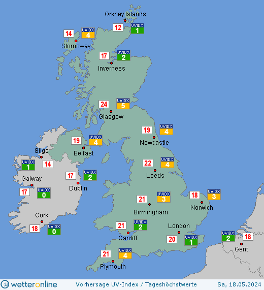 Vereinigtes Königreich: UV-Index-Vorhersage für Samstag, den 27.04.2024