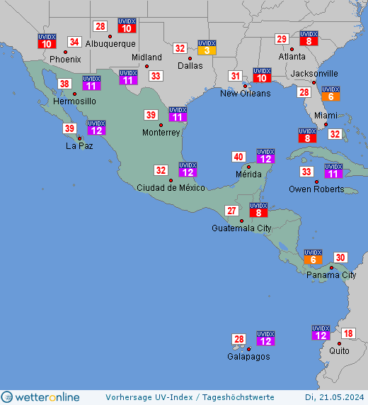 Zentralamerika: UV-Index-Vorhersage für Sonntag, den 28.04.2024
