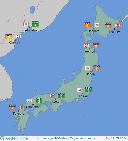 Japan: UV-Index-Vorhersage für Sonntag, den 28.04.2024