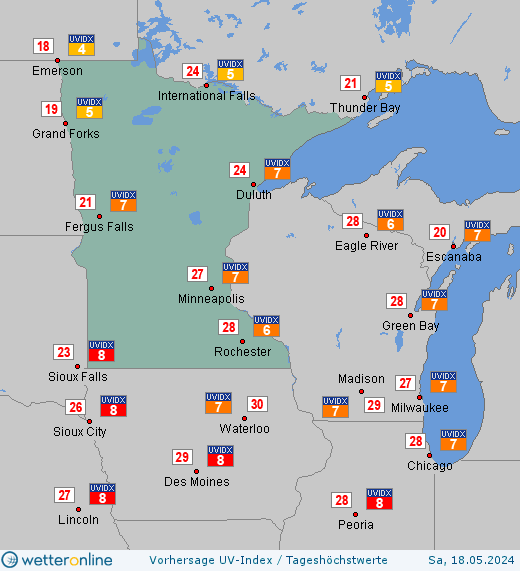 Minnesota: UV-Index-Vorhersage für Sonntag, den 28.04.2024