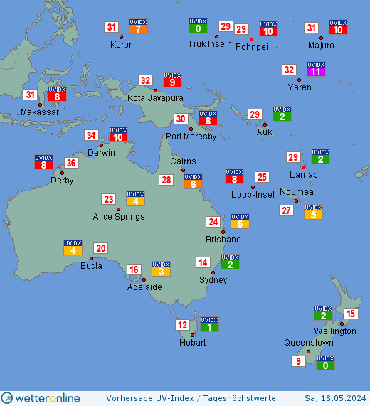 Ozeanien: UV-Index-Vorhersage für Sonntag, den 28.04.2024