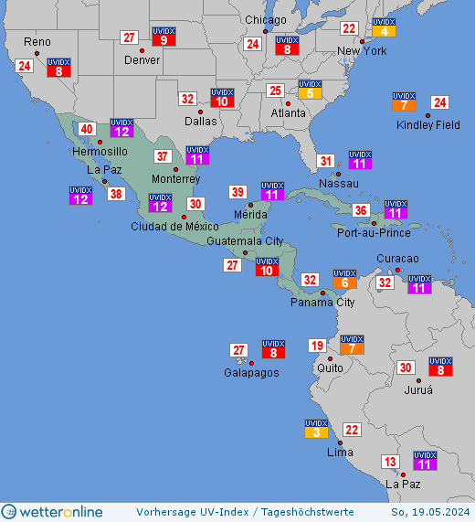 Mittelamerika: UV-Index-Vorhersage für Sonntag, den 28.04.2024