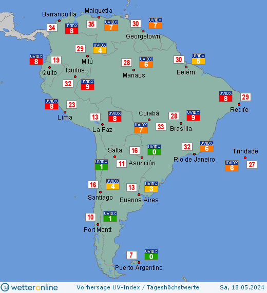 Südamerika: UV-Index-Vorhersage für Sonntag, den 28.04.2024