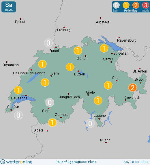 Bellwald: Pollenflugvorhersage Eiche für Sonntag, den 28.04.2024