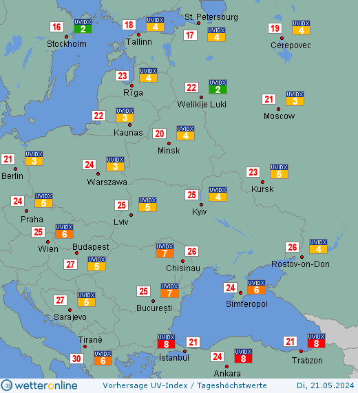 Osteuropa: UV-Index-Vorhersage für Montag, den 29.04.2024