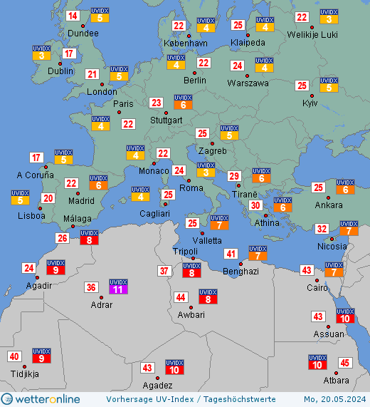 Südeuropa: UV-Index-Vorhersage für Montag, den 29.04.2024