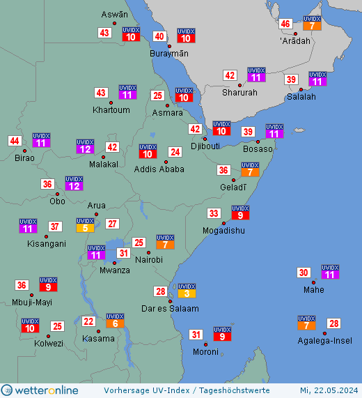 Ostafrika: UV-Index-Vorhersage für Montag, den 29.04.2024