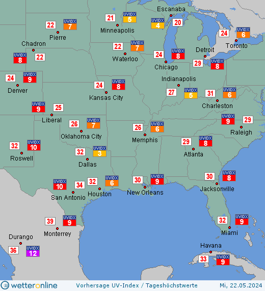 Südstaaten: UV-Index-Vorhersage für Montag, den 29.04.2024