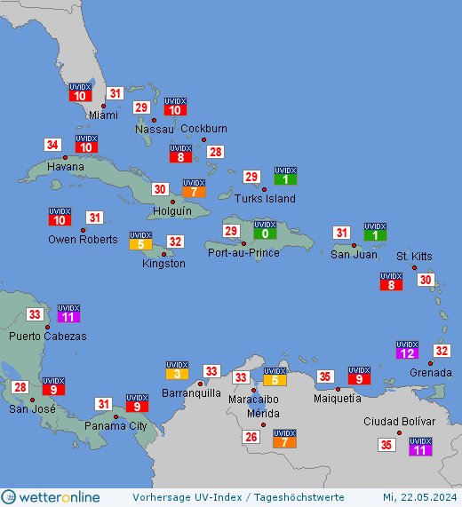 Karibikinseln: UV-Index-Vorhersage für Montag, den 29.04.2024