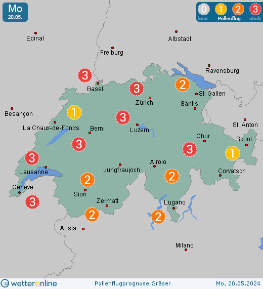 Schweiz: Pollenflugvorhersage Gräser für Montag, den 29.04.2024