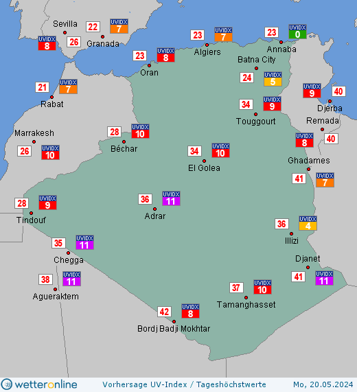 Algerien: UV-Index-Vorhersage für Montag, den 29.04.2024