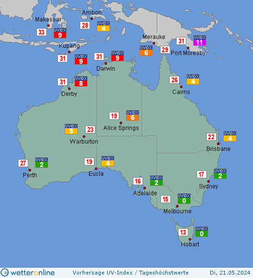 Australien: UV-Index-Vorhersage für Montag, den 29.04.2024