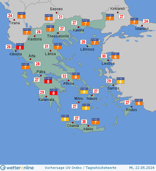 Griechenland: UV-Index-Vorhersage für Montag, den 29.04.2024