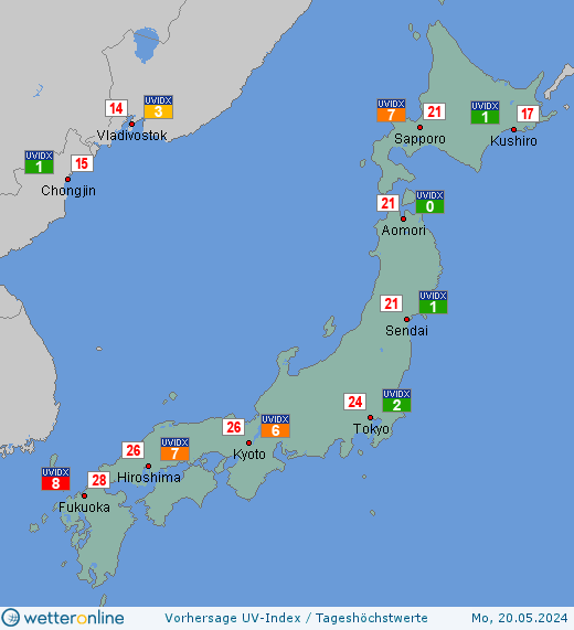 Japan: UV-Index-Vorhersage für Montag, den 29.04.2024