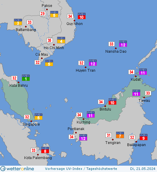 Malaysia: UV-Index-Vorhersage für Montag, den 29.04.2024