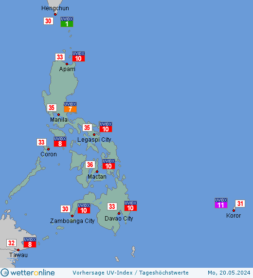 Philippinen: UV-Index-Vorhersage für Montag, den 29.04.2024