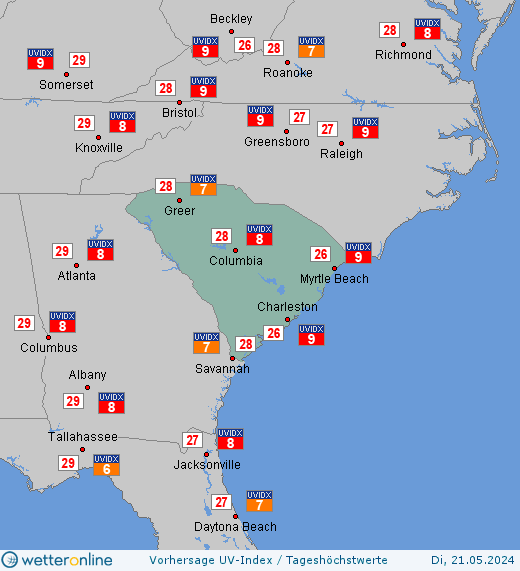South Carolina: UV-Index-Vorhersage für Montag, den 29.04.2024